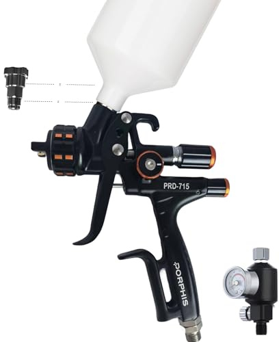 PORPHIS PRD-715 1.2mm MP Nozzle Gravity Feed Spray Gun Starter Bundle – Includes Inline Regulator & Filter, PPS 1.0 Adapter, and Cleaning Kit