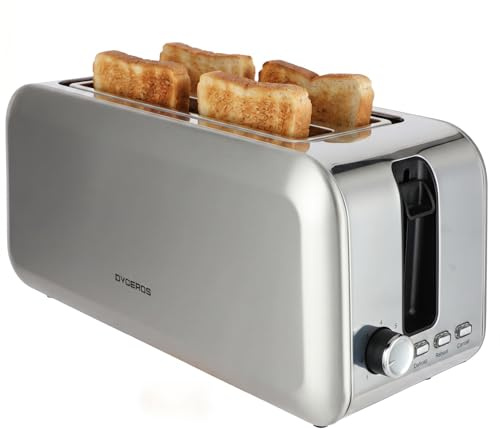 DYCEROS Grille-pain Crusteo 1400W | 4 tranches, fentes larges et longues – Acier inoxydable