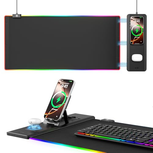 KDD Tappetino per Mouse con Supporto Telefono - Tappetino da Scrivania con Ricarica Wireless Rapida da 15 W - Sottomano da Gioco con Superficie Ultra Liscia, Base Antiscivolo, Accessori da Scrivania