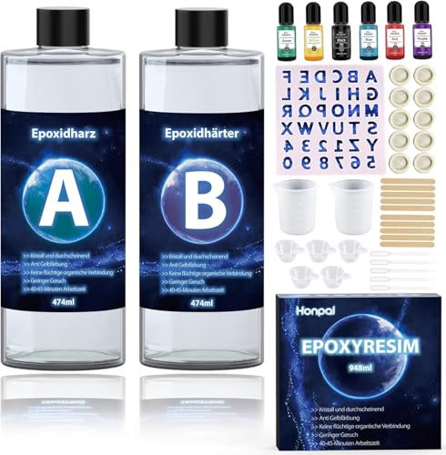 Epoxidharz Set 948ml Resin Gießen für Anfänger, Glasklares Harz mit Härter, Zubehör, Farben, Formen für Holz, Kunstkreation, Restaurierung (1:1 Ratio)