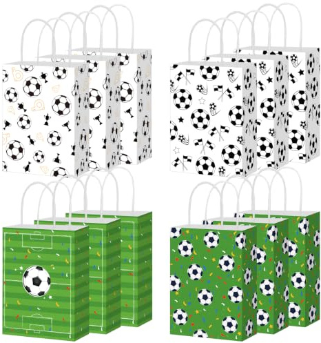 woric 12 Fußball Papiertüten Mit Griff, 21 x 15 x 8 Cm, Grün/Weiß | Robustes Kraftpapier, 4 Fußball-Designs, Wiederverwendbar, Für Süßigkeiten, Gastgeschenke,Geburtstag Und Fußballpartys