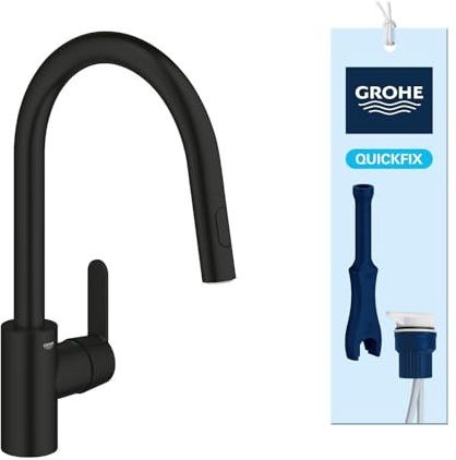 GROHE Get, Küchenarmatur mit hohem Auslauf (Wasserhahn Küche mit ausziehbarer Brause, 360° schwenkbar, variable Mengenbegrenzung, einfache Spülbecken-Montage), mattschwarz, 314842431