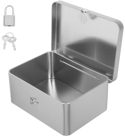 Operitacx Aufbewahrungsbox Kompakte Rechteckige Metallbox aus Weißblech mit Klappdeckel und Schloss in Silber für Schreibtischorganisation und Kleine Büroaccessoires