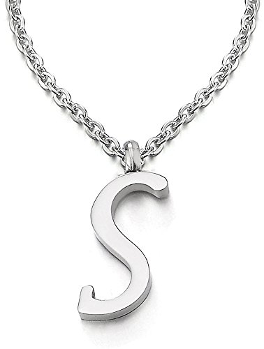 COOLSTEELANDBEYOND Name Initiale Alphabet Buchstaben A bis Z Anhänger Edelstah Halskette für Damen Herren mit 50cm Stahl Seil-Kette - S