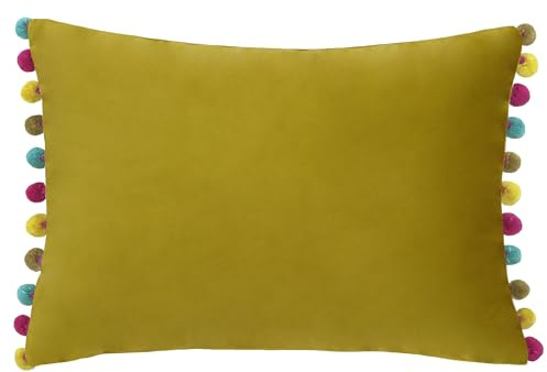 Paoletti Fiesta Green Velvet Rectangular Cushion With Multi Coloured Pom Pom Trim (35 x 50 cm)