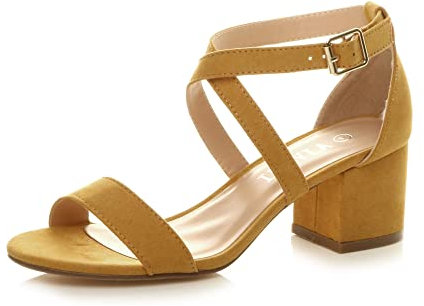 Ajvani Womens Ladies mid Low Block Heel Cross Straps Party Strappy Sandals, Mustard Suede, 7 UK