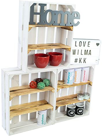 flache Obstkiste Wilma weiß mit zwei geflammten Einlegeböden / Zwischenbrettern ca 50x40x16cm/ Regalkiste Gewürzregal Apfelkiste / Weinkisten Ablageregal Aufbewahrungskiste (3, Holz)