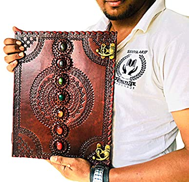 ALCRAFT Handgefertigtes Leder-Tagebuch mit sieben Chakra-Steinen und C-Schloss, Tagesplaner, Gästebuch, 25,4 x 33 cm, Braun