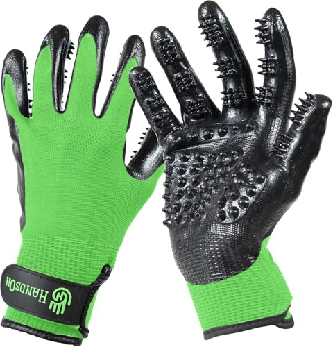 Pet Shedding, Bathing, Grooming, Hair Removing Gloves, Gentle Brush for Cats, Dogs, Horses by the #1 Ranked, Award-Winning Handson Gloves (Green, Medium)