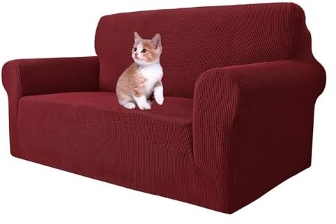 MAXIJIN Super Stretch Couch Bezug für 2-Sitzer Couch, 1-teilige Universal Love Sitzbezüge Jacquard Spandex Sofa Protector Hunde Haustierfreundliche Loveseat Schonbezug (2 Sitzer, Weinrot)