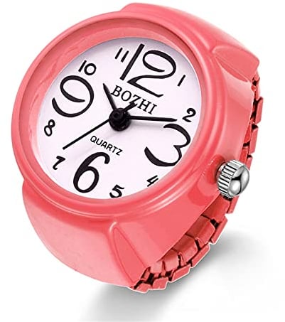 JewelryWe Damen Ringuhr Fingeruhr Analog Quarzuhr Elastisch Ring Band Uhr Uhrenring Geschenk für Mädchen Rosa