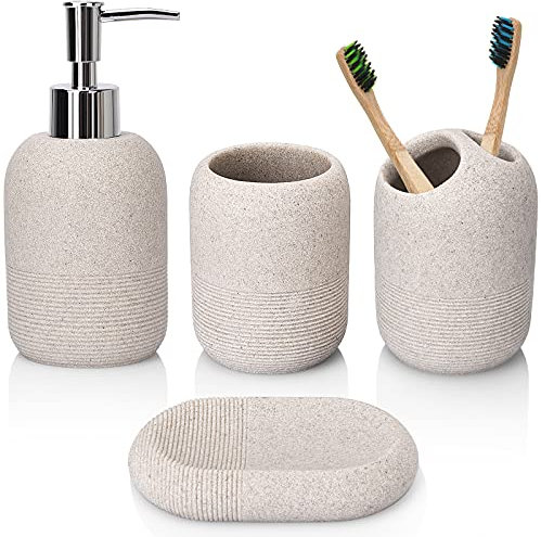 L'ARL GMVOI Set di accessori per il bagno, set di 4 accessori decorativi completo di dispenser di sapone, portaspazzolino, bicchiere da bagno, portasapone per accessori da banco da toeletta, beige
