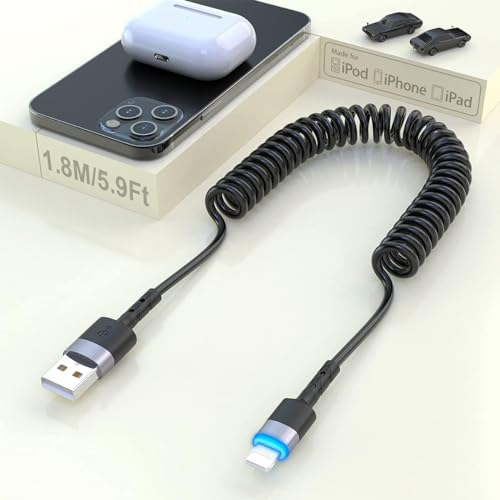 Cavo Lightning a spirale [certificato MFi], cavo di trasmissione dati da USB a Lightning da 6 piedi compatibile con Xs/XS Max/XR/X/12/11 Plus/8/7 Plus/Pad Pro Air 2 e altro ancora