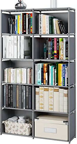 MOYIPIN Bücherregale, zusammengebautes Lagerregal, vertikales Schrank-Bücherregal für Schlafzimmer, Wohnzimmer, zweireihiges 10-Gitter-Multifunktions-Aufbewahrungsgerät (grau)