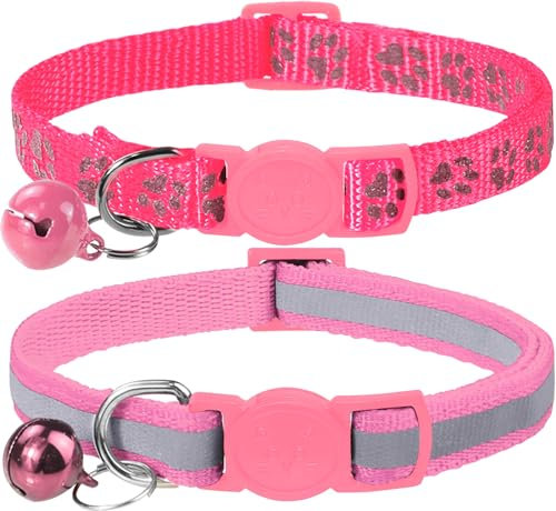 Taglory Collier Chat Anti Étranglement, 2 pcs Réglable Réfléchissant Collier pour Chat Chaton Chiot avec Clochette et Boucle de Sécurité, 15-20cm Rose