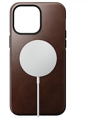 Nomad Moderne Lederhülle für iPhone 14 Pro Max - Horween Leder, 360° erhöhte Kanten TPE Bumper, 3 m Fallschutz, Mag Safe & Wireless Charging (Schwarz) (Rustikales Braun)