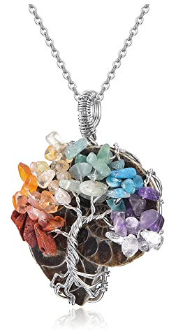 JSDDE Chakra Pendentif Spirale Ammonite Arbre de Vie Collier Fantaisie Chakra Pierre Energie Cristal Pendentif Fossile d'escargot