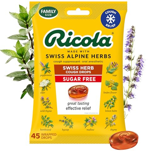 Ricola Sugar Free Original Herb Cough Drops, 45 Count, Cough Suppressant & Throat Relieving Drops with Naturally Sourced Menthol, Pleasing Taste for Coughs & Throat Irritation Symptom Relief