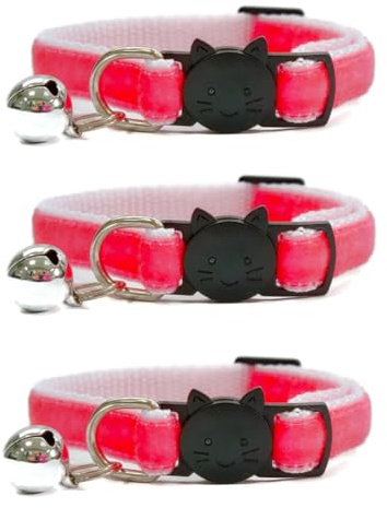 Velvet Cat Collars with Bell. Safe Breakaway Quick Release Buckle. Available in Cat & Kitten Size (Pack of 3) (Cat Collar (20cm - 30cm), Fuchsia Pink Velvet (Pack of 3))