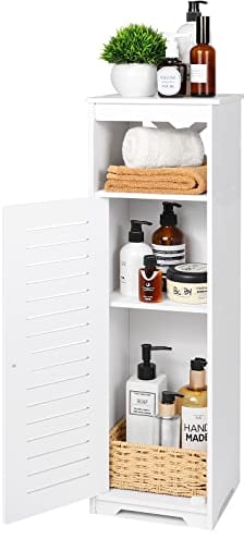 BHFOW Badezimmer-Bodenaufbewahrungsschrank mit 1 Regalboden und Einzeltür, freistehender Aufbewahrungsorganisator für Flur und Eingangsbereich, schmaler Badezimmerregal für Wohnzimmer und Küche, Weiß