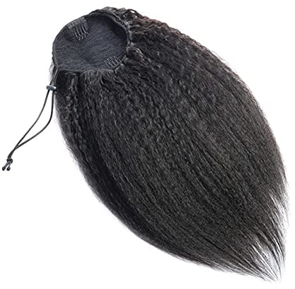 Aiokrtse Pferdeschwanz-Verlängerung, Echthaar, Kinky Straight Clip in Kordelzug, Pferdeschwanz, Haarteile für Frauen (20,3 cm, natürliche Farbe)