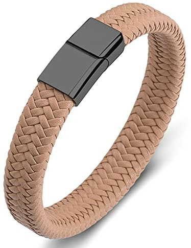 Gualiy Edelstahl Armband Herren Schmuck, Schmuck Armband Leder Aprikose Geflochten Armband mit Schwarz Schnalle 20CM Herren Armband