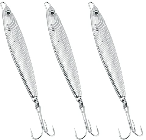 Dr.Fish Metal Sea Fishing Lures Silver Minnow Spoon Set of 3 Sea Fishing Tackle Mackerel Cod Sea Bass Pike Stinger Spinner Lures Metal Jigs 60g