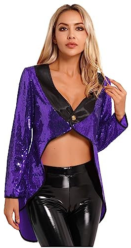 CHICTRY Blazer Donna Elegante Costume Da Circo Giacca Lunga Velluto Capotto Frac Con Paillette Costume Da Festa Di Halloween Carnevale Cospaly Viola L