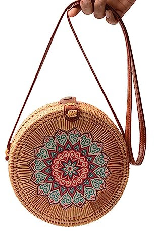 Surakey Rond Sac en Rotin, Boheme Sac à Main en Osier, Femme Sac en Paille Tressée avec Bandouliere en PU, Sac à Bandoulière Vintage, Sac de Plage d'été, Sac Fait Main pour Voyage, Date et Vacances