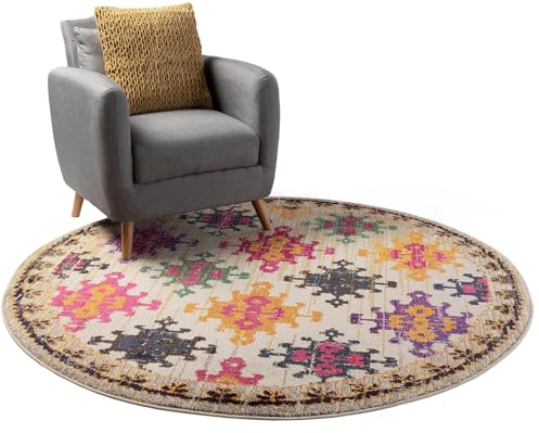benuta Nest Vintage Teppich Casa - Mehrfarbig/Beige 120 cm Rund - Teppich für Wohnzimmer, Schlafzimmer und Flur - Pflegeleicht - Fußbodenheizung Geeignet