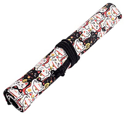 VILLFUL Slots Cat Printing Canvas Pen Bag Large Capacity Roll-up Holder for Paint Brushes Stationery and Makeup Tools Washable Design for Organizing Art Supplies