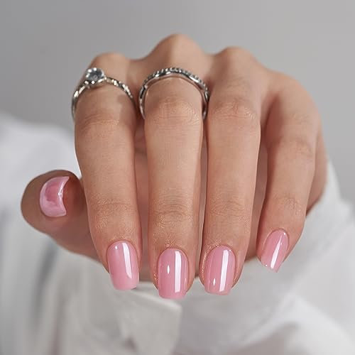 BTArtbox Press On Nails Short - Square False Nails with Pink Chrome Design, Reusable Stick On Nails for Women in 15 Sizes - 30 Pcs Soft Gel Fake Nail Kit, Lotus Glazed