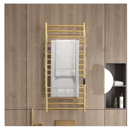 WRJAHCG Elektrisch Beheizbarer Handtuchwärmer, Elektrischer Handtuchhalter mit 14 Bars Wandmontage, Badheizkörper Elektrisch mit LCD-Bildschirm Timer Thermostat,A Gold,Hardwired