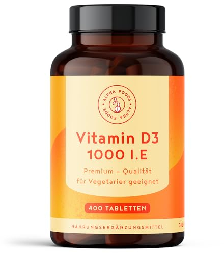 Vitamin D3 1000 I.E. – 400 Tabletten über 1 Jahr Vorrat – Vitamin D für Immunsystem, Knochen, Zähne & Muskeln – Hochdosiert - Vegetarisch - Alpha Foods
