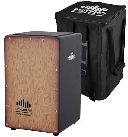 Echoslap Super Snare Cajon Makal Wurzelfrontplatte mit schwarzem Korpus – handgefertigt, schwarzes Finish, Körper aus Siameiche, 21 Snare-Drähte für knackigen Snare-Sound, tiefer Resinationg Bass +