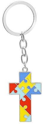 NISCAYA Four-Color Puzzle Cross Keychain Autism Awareness Pendants Cross Puzzle Piece Jigsaw Charm Key Chain Backpack Car Keychain Alloy Bag Hanging Pendant Key Ring Keyring