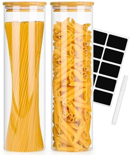 Avmvnvc Vorratsgläser mit Deckel - 2er Set Vorratsdosen mit Deckel - Vorratsglas mit Holzdeckel - Vorratsdosen Glas mit Deckel für Spaghetti Aufbewahrung (1400ml×2)