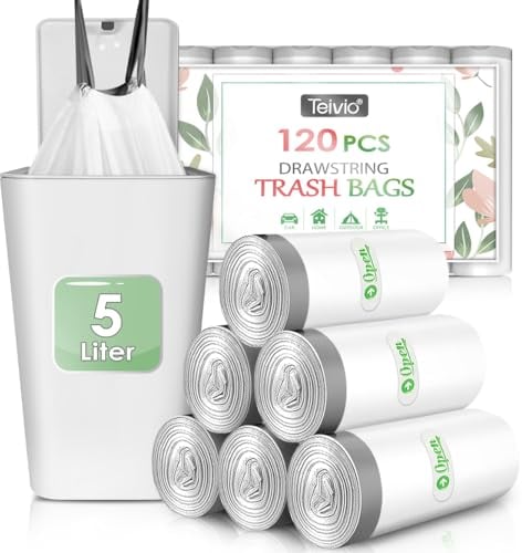 Teivio 5 Liter Small Bin Liners with Tie Tap, 120 Counts Strong Drawstring Pedal Bin Bags Fit 3-5L Trash Can, Waste Paper Bin Bags for Home Office Kitchen Bathroom Bedroom, White Toilet Rubbish Bag