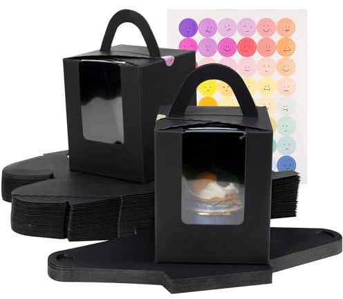 KEYIDO 30 Pcs Individual Cupcake Boxes Black Single Cupcake Boxes 1 Hole Cake Box with Clear Window Inserts and 2 Sheets of Stickers for Wedding Birthday Party Favors