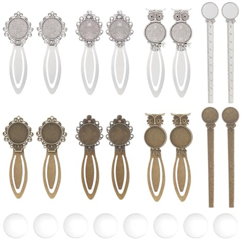 HOBBIESAY 16 Stück 4 Stile Lesezeichen Set: Vintage Legierung Cabochon Lesezeichen Lünettenrohlinge Ablage: 20mm
