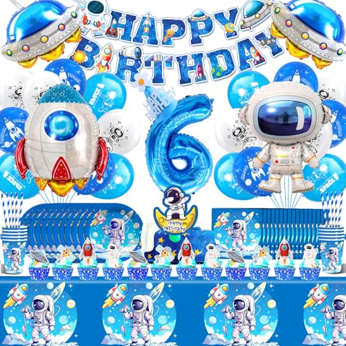 Astronaut Geburtstagsdeko Ballons 103 Pcs,6 Jahre Weltraum Kindergeburtstag Deko,Rakete Raumschiff Geburtstag Deko Jungen Mädchen,Space Luftballons,Weltraum Partygeschirr Set mit Servietten Teller