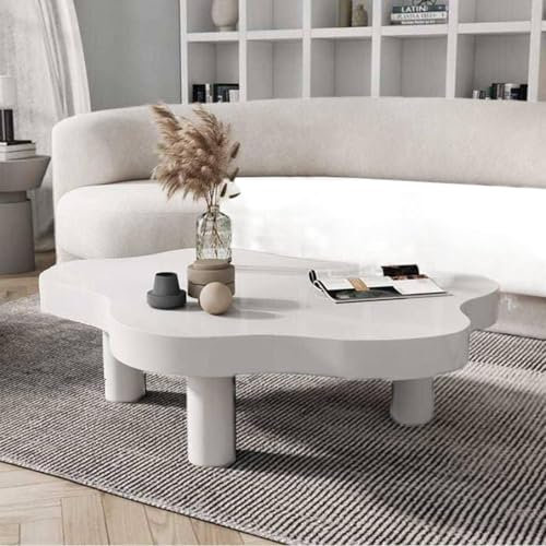 Table Basse Nuage En Bois Massif - Design Irrégulier Avec Coins Ronds, 3 Pieds, Pour Salon - Moderne et Épaisse - Blanc, 90x60x40cm