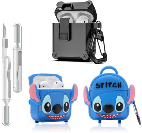 LEWOTE Custodia protettiva 3 in 1 compatibile con Apple AirPods (2a/1a generazione) custodia protettiva divertente con kit di pulizia e portachiavi (borsa Stitch)