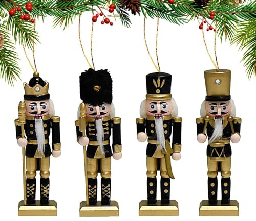 Wood Nutcracker Tree Ornament - 4X Christmas Nutcracker Ornament Tree Pendant,Seasonal Decor Black Gold Soldier Photography Props for Door, Window Sill