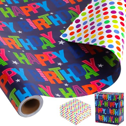woric 43cm*11m Birthday Wrapping Paper Roll, Reversible Gift Wrapping Paper | Happy Birthday & Dot Double Sided Gift Wrapping Paper for Kids Boys Adults Birthday Baby Shower Party DIY (FSC-Certified)