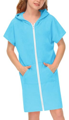 BesserBay Mädchen Strandponcho Handtuch Badeponcho Reißverschluss Taschen mit Kapuze Unisex Surf Poncho Blau 130