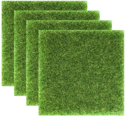 FSSTUD Lot de 4 petits tapis de gazon artificiel carré de 15 x 15 cm - Mini carreaux de gazon artificiel - Vert réaliste - Imitation gazon miniature - Décoration de jardin