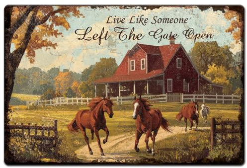 Hobbspring 1pc Vintage Metal Tin Sign 20x30cm Retro Iron Horse Sign Rusty Look Live Like Someone Left The Gate Open Horse Poster for Garden Farm Kitchen Coop Decor