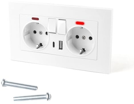 Lotvic Enchufe de Pared 2 Enchufes, 4 in 1 Enchufe Pared, con USB y Tipo C, Superficie Schuko Empotrable, con Interruptor y Luz Indicadora, Blanco, 146 x 86 mm