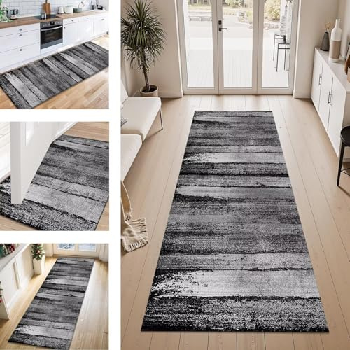 Teppich Läufer Flur Küche rutschfest Schwarz Grau 100X350CM Vintage Teppichläufer Kücheläufer Lang Waschbar Meterware Küchenteppich Flurteppich Läufer für Wohnraum Schlafzimmer Kinderzimmer Flurläufer